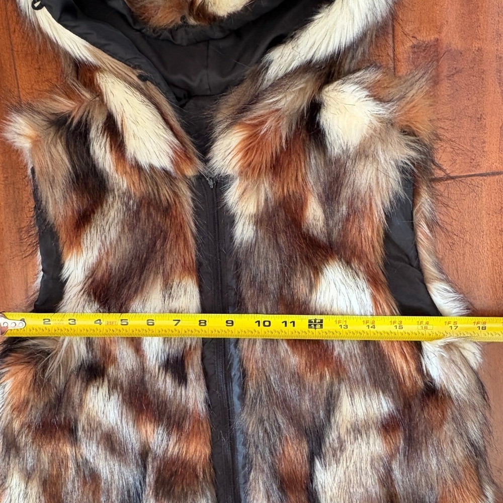American Eagle Brown Multi Color Faux Fur Hooded‎ Zip Vest Small RN 54485 - Picture 6 of 8